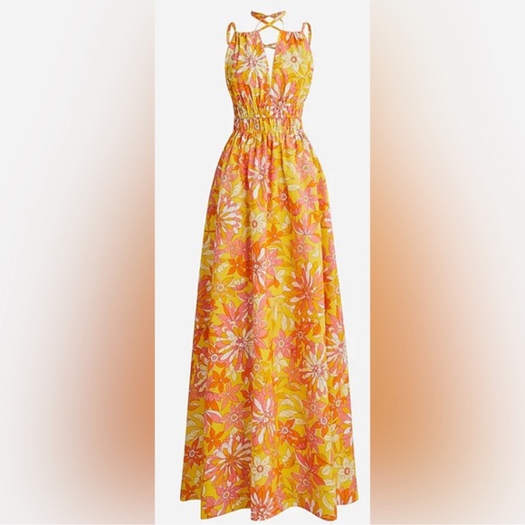 J Crew Collection V-neck double-strap maxi dress Bright Orange Sunset Floral - Picture 2 of 12